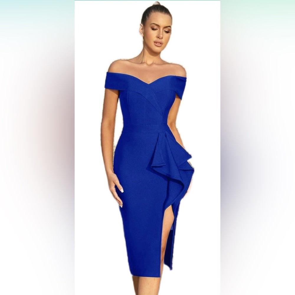 💙 NWOT Elegant Cobalt Blue Off-Shoulder Bandage Dress | Women’s Medium